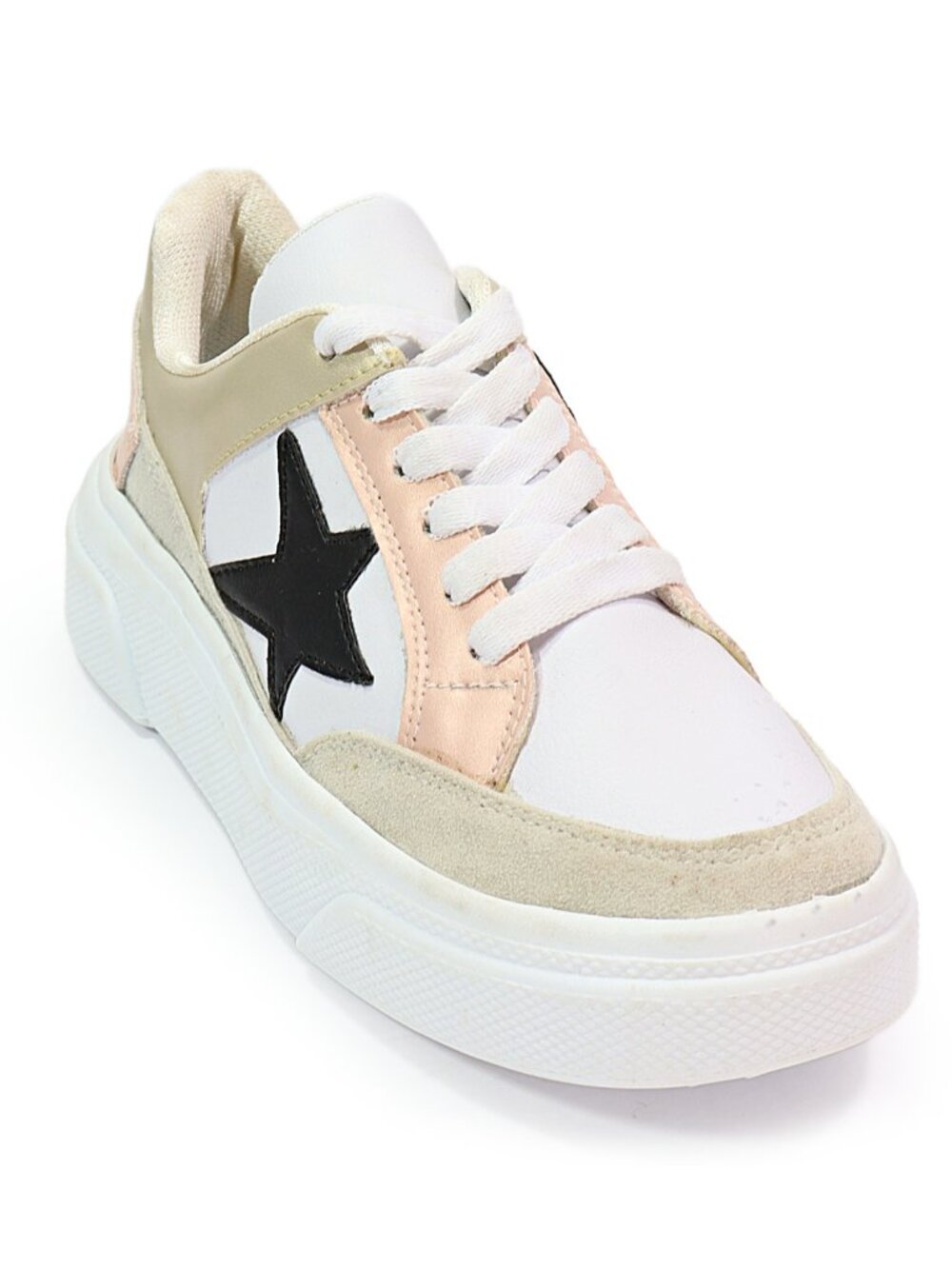 MKS Women's Fashion Sneaker Black Star White Pink Gold Low Top Lace Up Shoe Sz 7